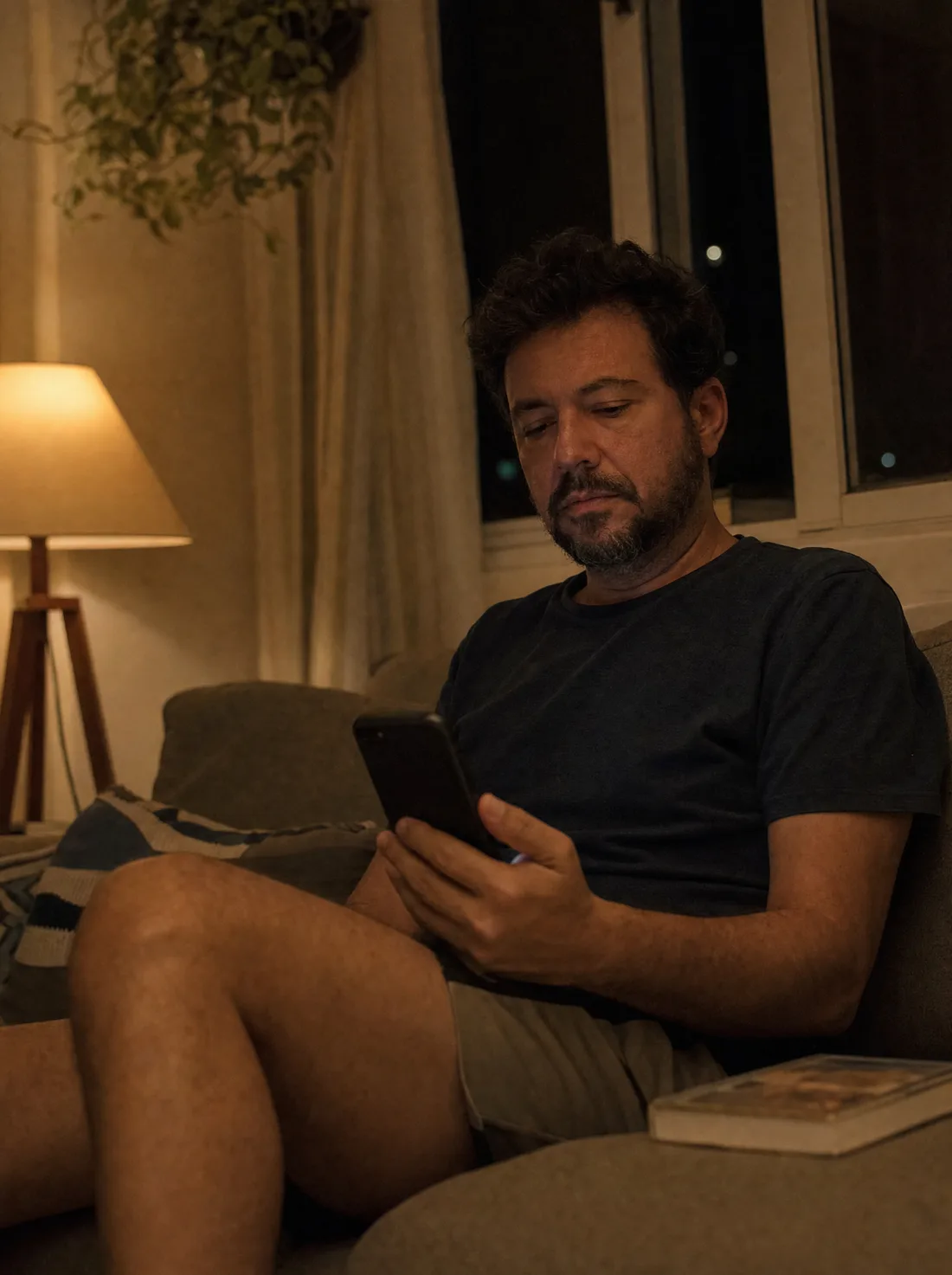 Profissional em casa à noite, na sala com luz baixa, olhando uma mensagem no celular