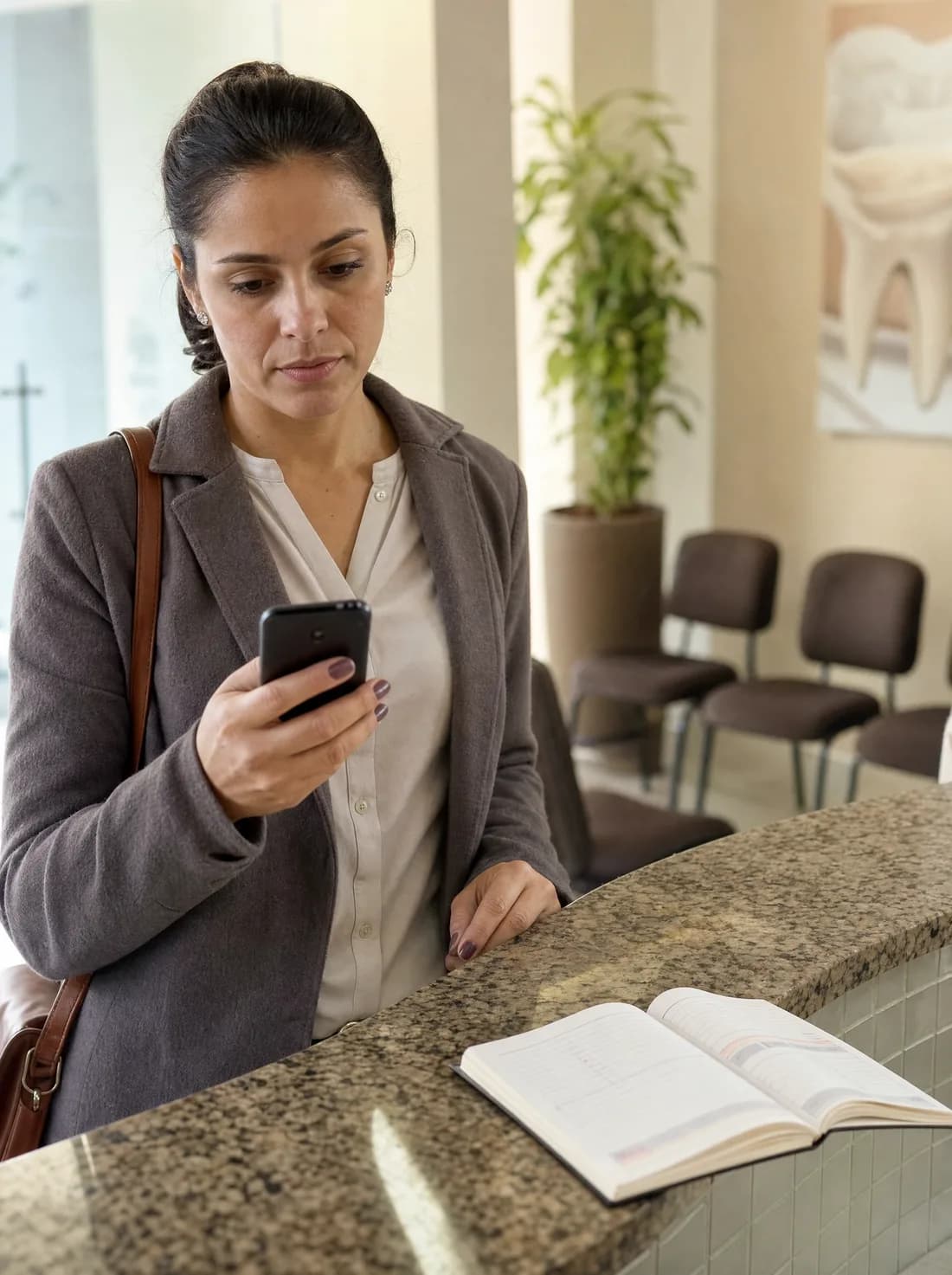 Mulher em pé no balcão da recepção de um consultório, olhando o celular, com a agenda de papel aberta ao lado