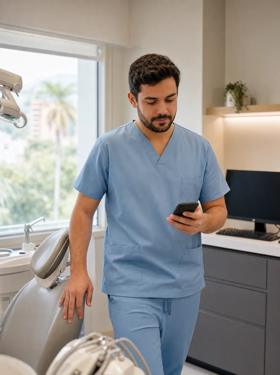 Dentista no consultório olhando o celular ao lado da cadeira de atendimento, com o computador da agenda ao fundo