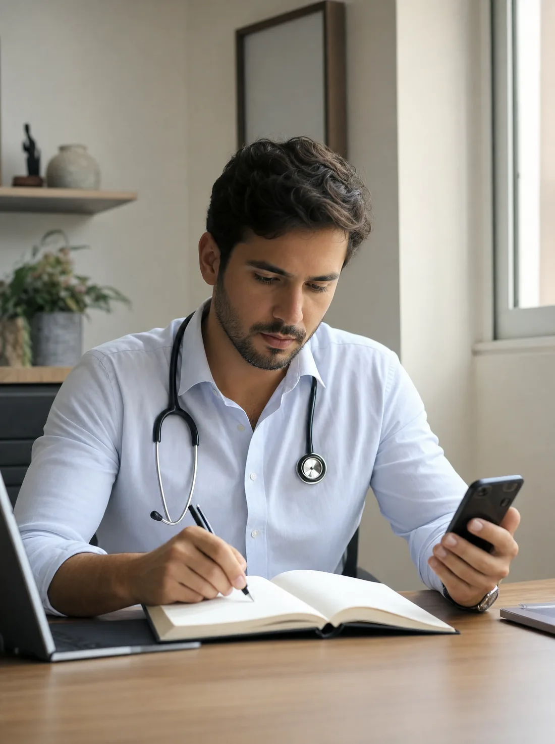 Profissional à mesa do consultório com um caderno aberto e o celular na mão, revisando anotações