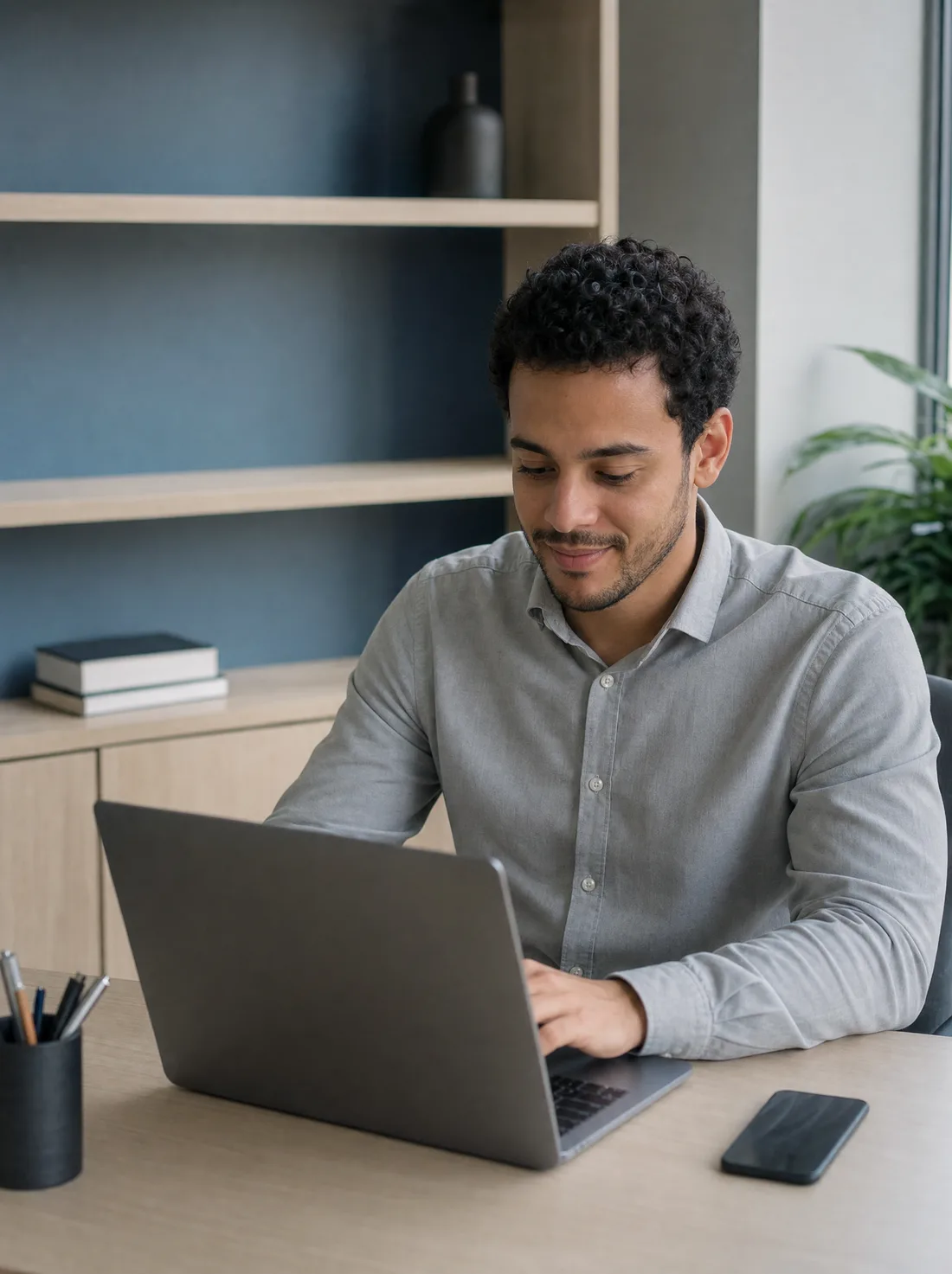 Profissional recém-formado configurando o computador em um consultório pequeno recém-montado