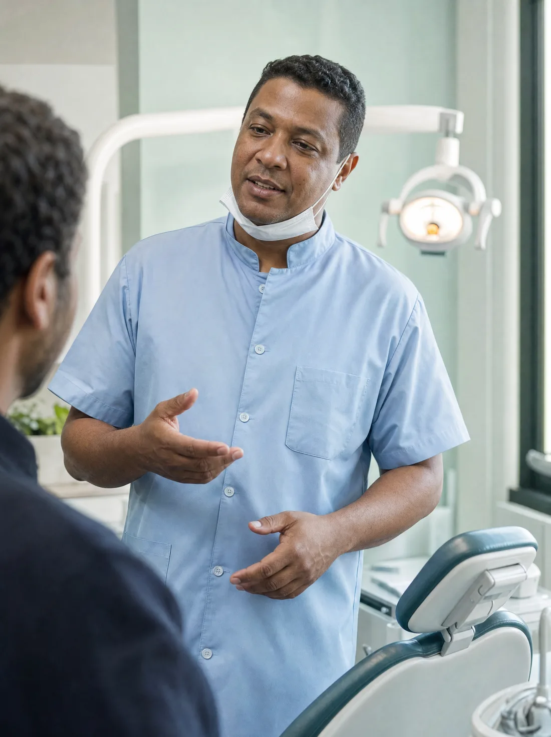 Dentista ao lado da cadeira odontológica conversando com alguém fora do enquadramento