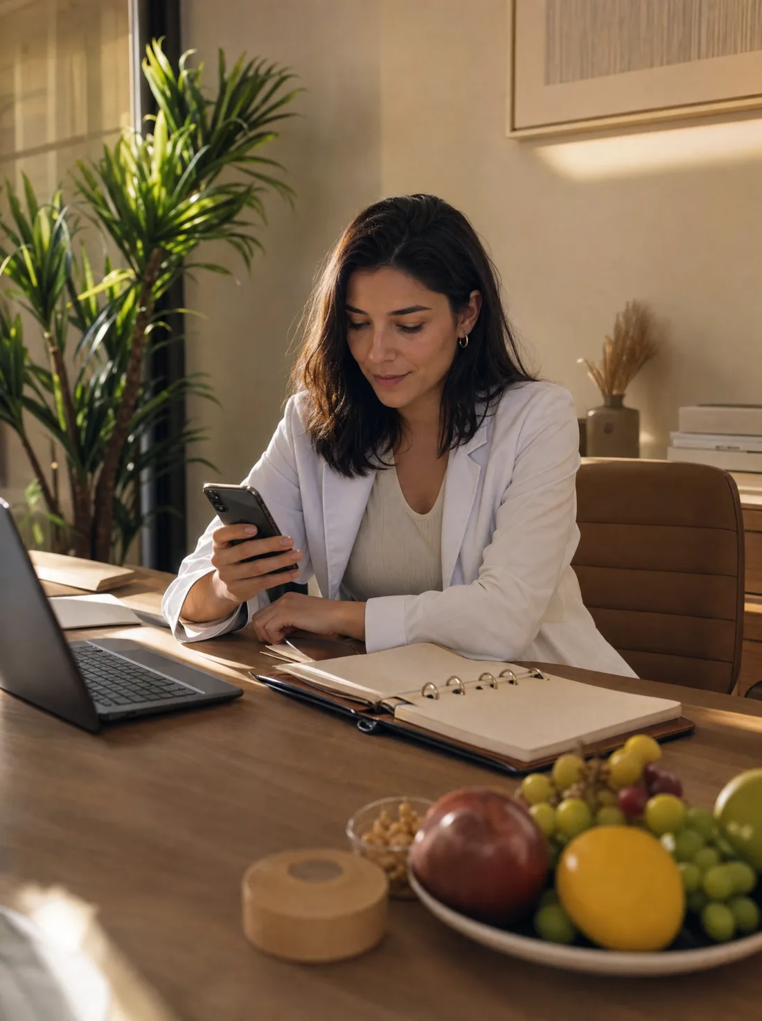 Nutricionista sentada à mesa do consultório no fim da tarde, olhando o celular com a agenda de papel aberta ao lado