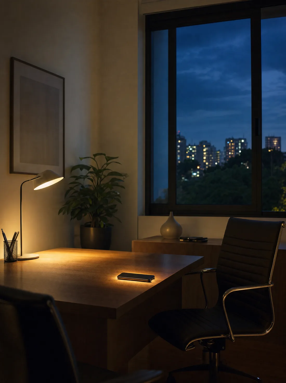 Consultório vazio à noite, iluminado só pela luminária de mesa e pela tela de um celular sobre a mesa