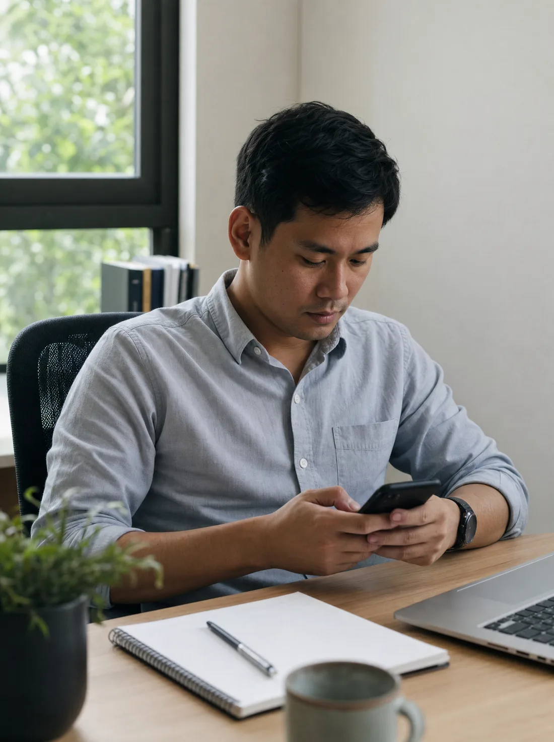 Profissional sentado à mesa do consultório digitando uma resposta no celular